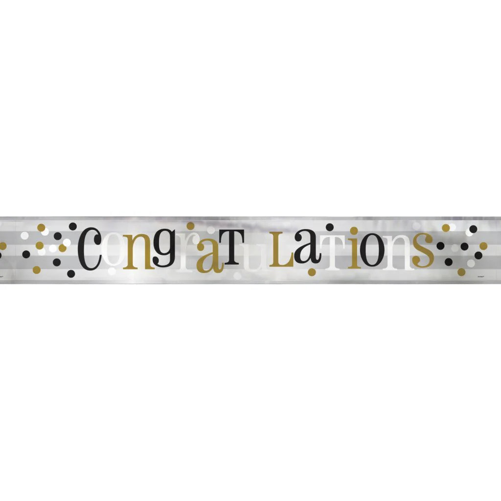 Silver Congratulations banner, 3.65m long, at a formal celebration
