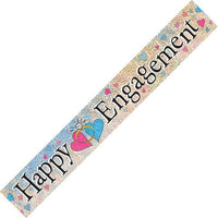 Happy Engagement prismatic foil banner, 3.6m long, shimmering at an engagement party