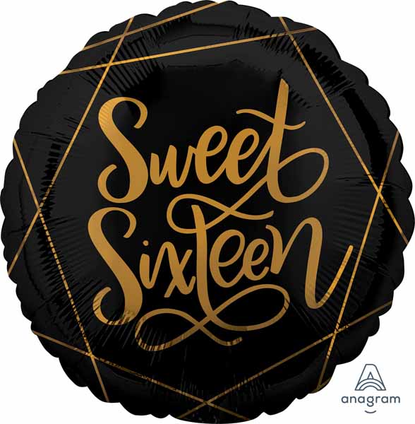 Sweet Sixteen Black And Gold Foil Balloon 45cm