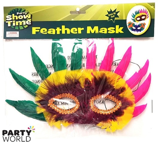 Feather Masquerade Mask - Black, Orange & Pink