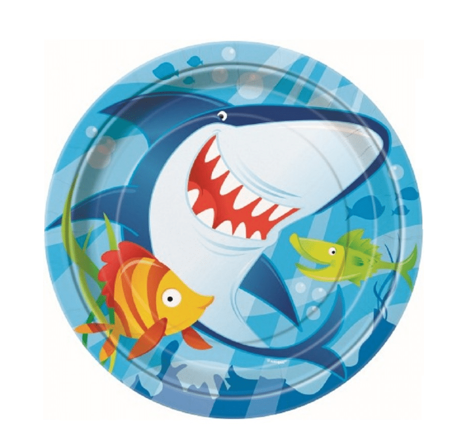 Shark-themed paper plate with cartoon shark and fish design on a blue background, branded 'Party World'.