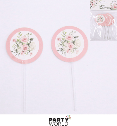 Pink Floral Cupcake Toppers Picks (12)