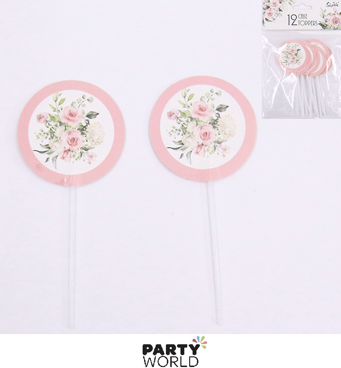 Pink Floral Cupcake Toppers Picks (12)