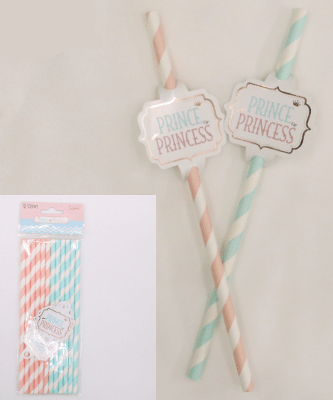 Pastel striped straws with 'Prince' and 'Princess' labels on a white background, branded 'Party World'.