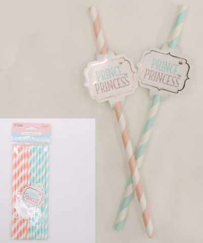 Pastel striped straws with 'Prince' and 'Princess' labels on a white background, branded 'Party World'.
