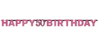 Pink Celebration Happy 50th Birthday banner hung above a fiftieth birthday party table
