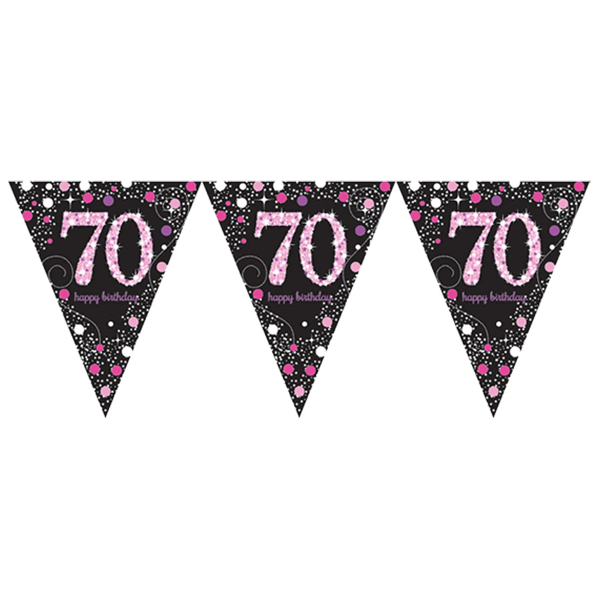 70th Party Bunting Sparkling Fizz Black &amp; Gold Holographic 11 flags 3.9m