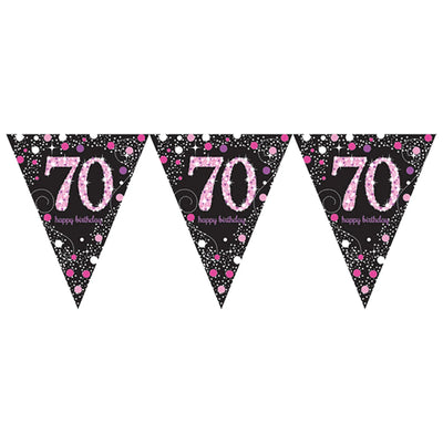 70th Party Bunting Sparkling Fizz Black &amp; Gold Holographic 11 flags 3.9m