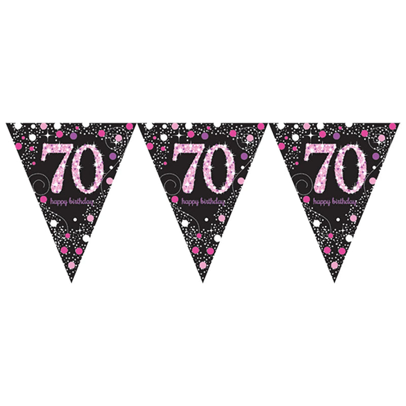 70th Party Bunting Sparkling Fizz Black &amp; Gold Holographic 11 flags 3.9m