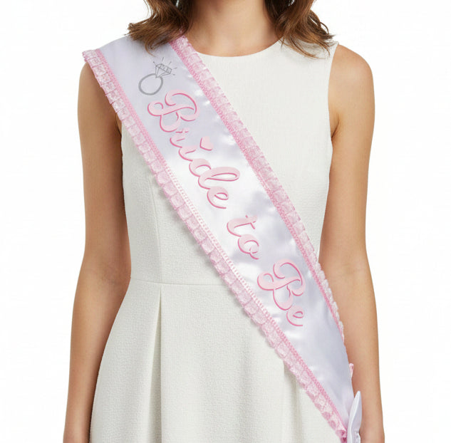 Bride to Be Sash - White & Pink with Lace Trim Pattern