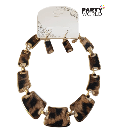 Leopard Print Necklace & Earrings Set Jungle Costume Accessory