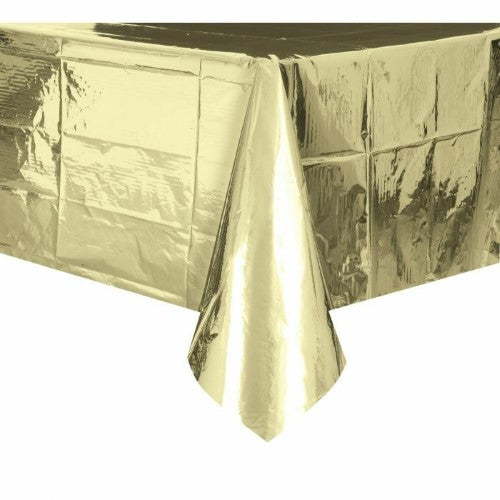 Metallic gold foil table cover 137 by 274cm covering a party food table