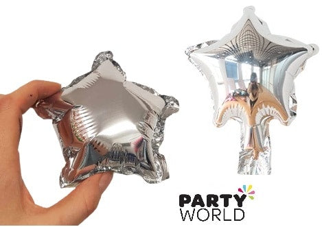 Silver mini star foil balloons shown air filled and self sealed, 12cm each