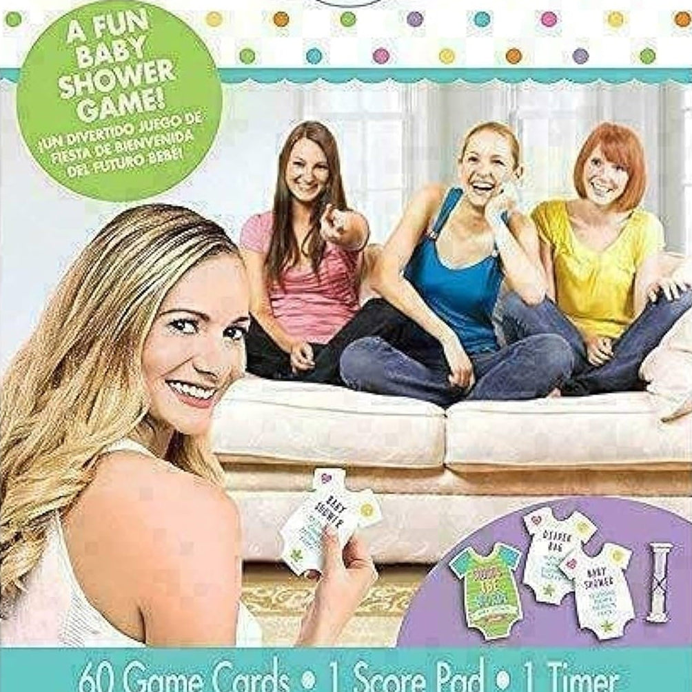 Baby shower game packaging with four women on a couch and game components.
