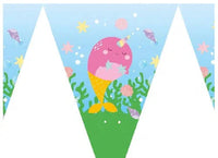 Narwhal pennant banner with ten 19cm flags strung above an under-the-sea party table