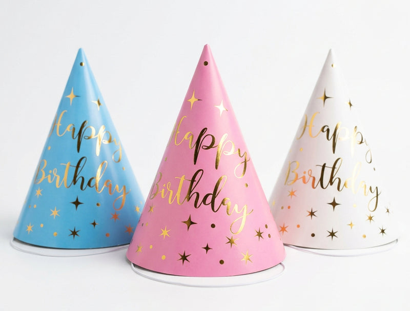 Paper party hats six pack available in white, pink or blue for kids birthdays
