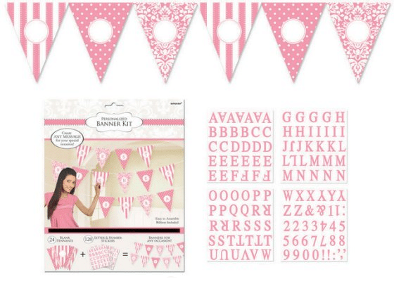 Party banner kit with letter and number stickers on a white background
