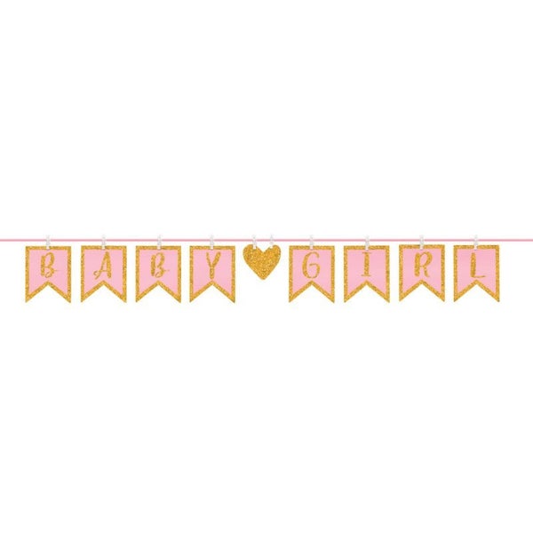 Baby Girl clothespin letter banner pegged on string at a baby shower