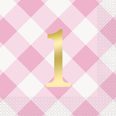 Pink Gingham 1st Birthday Napkins 16pk