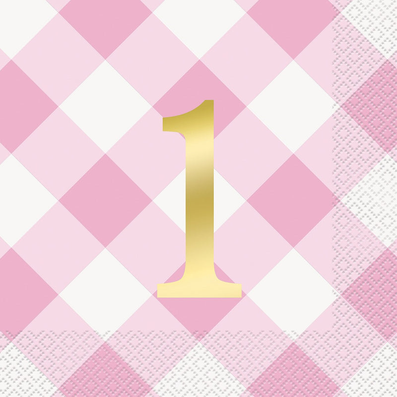 Pink Gingham 1st Birthday Napkins 16pk