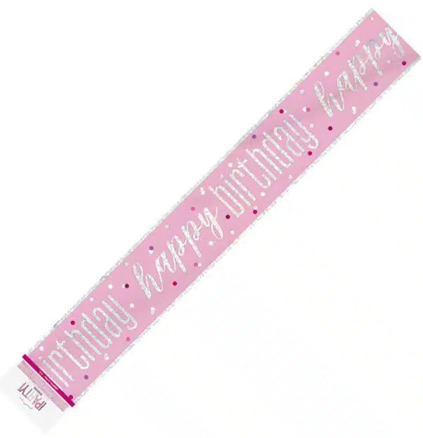 Happy Birthday Prismatic Pink Foil Banner 2.74m