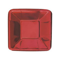 Red foil square appetiser plates, 12.7cm, eight per pack, holding canapes at Christmas