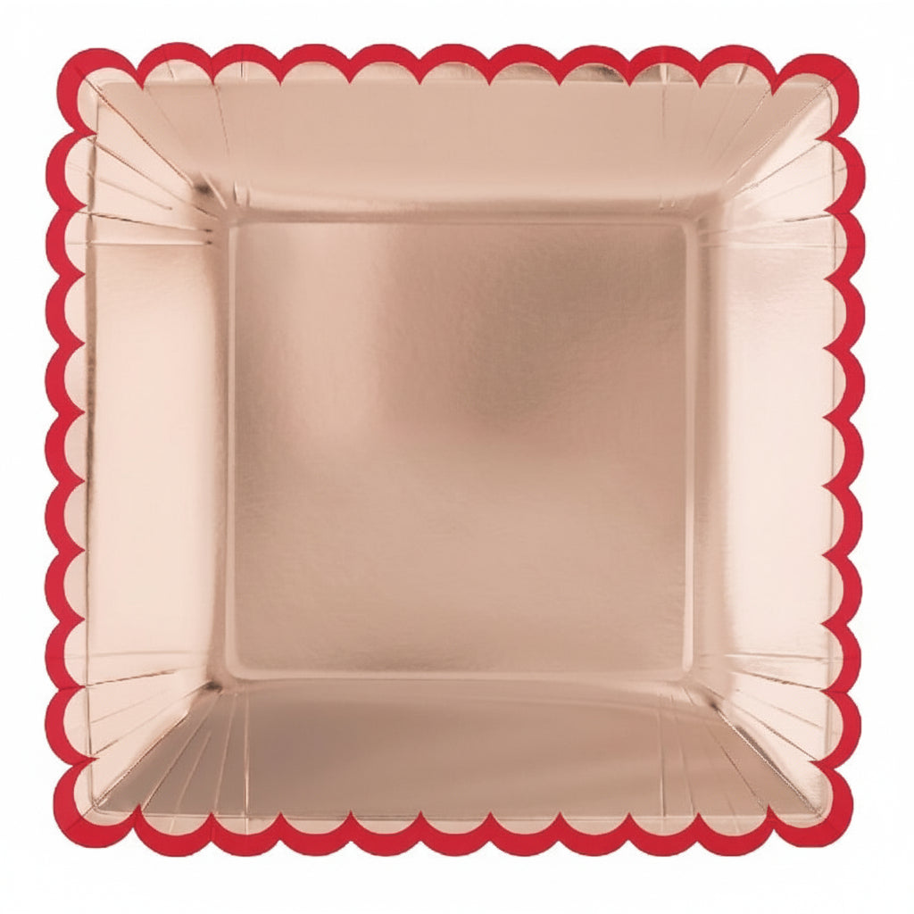 Rose Gold Paper Plates with Red Scalloped Edges 10in (8pk)