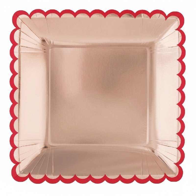 Rose Gold Paper Plates with Red Scalloped Edges 10in (8pk)