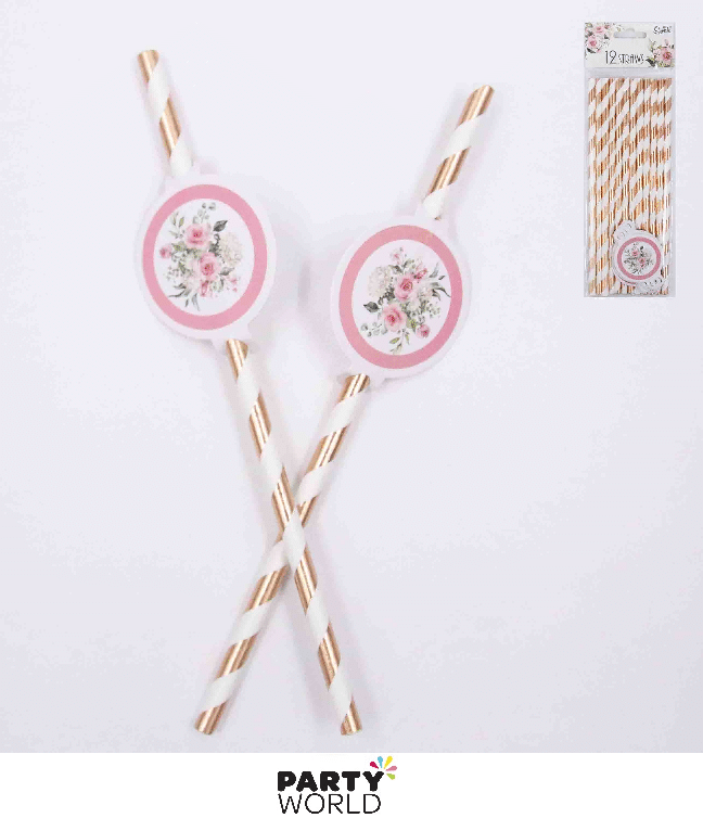 Rose Gold & White Striped Paper Straws With Floral Decoration (12pk)