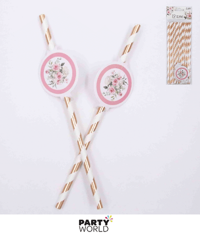 Rose Gold & White Striped Paper Straws With Floral Decoration (12pk)
