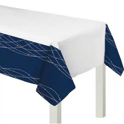 Navy and white table cover with rose gold hearts, 137 by 259cm, hen party table