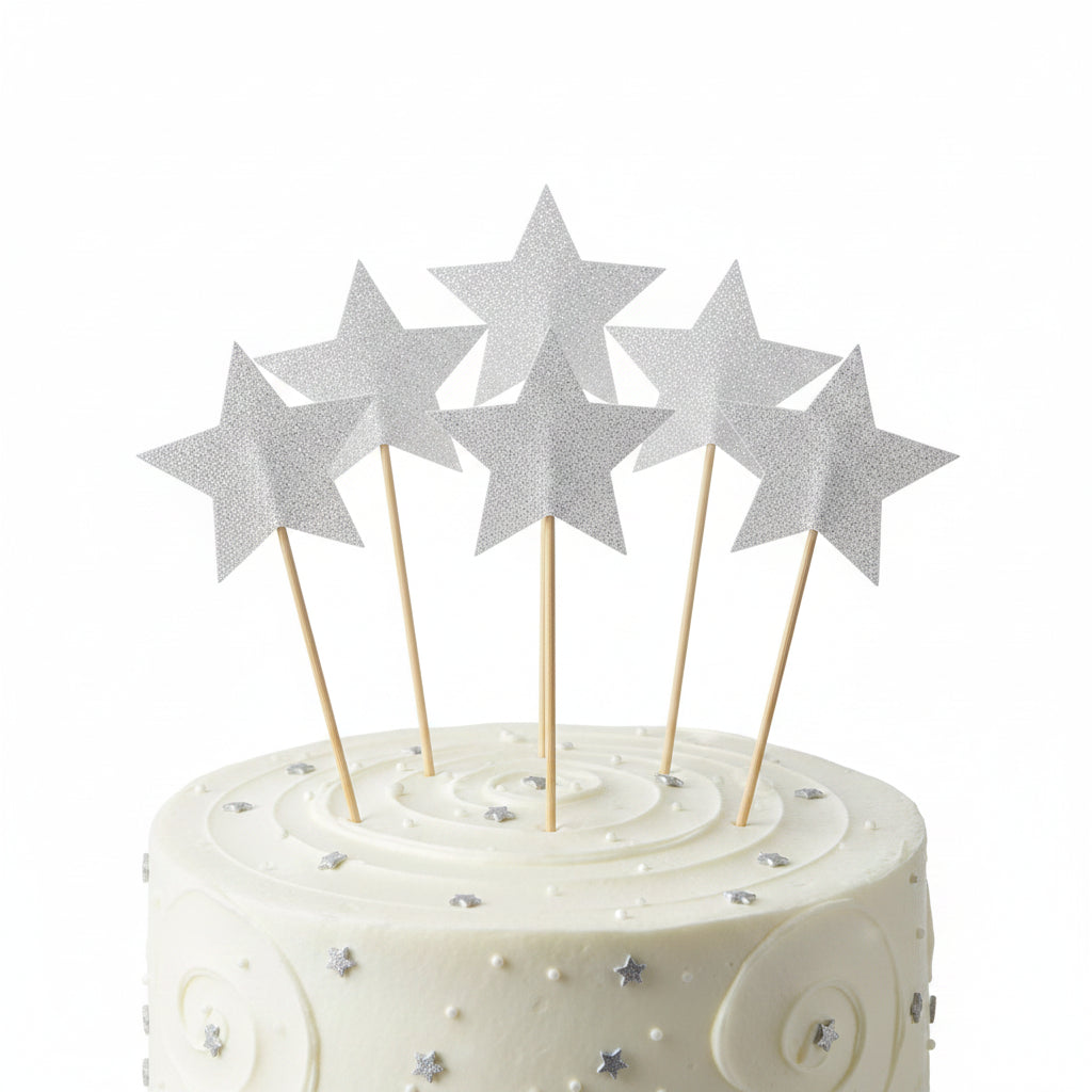 Silver Star Cake Toppers 4pk