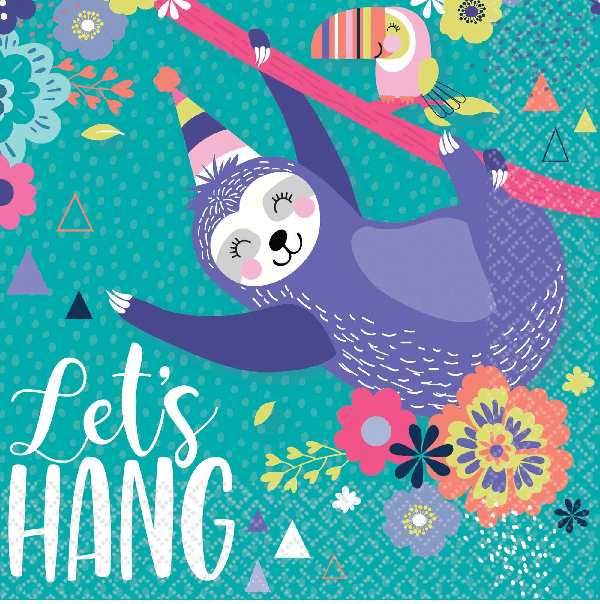A colorful party-themed graphic with a purple sloth hanging from a pink branch, a parrot on a pole, large flowers, and the text 'Let's HANG' on a teal patterned background. The bottom has a white strip with the brand name 'PARTY WORLD'.