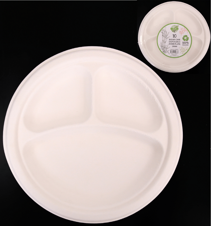 ECO Sugar Cane Disposable Divided Plates 23cm (10pk)