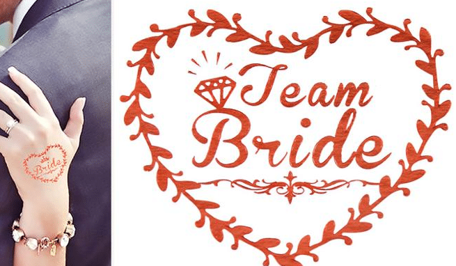 Hand with tattoo and 'Team Bride' design with Party World logo.