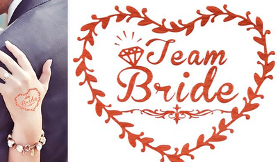 Hand with tattoo and 'Team Bride' design with Party World logo.