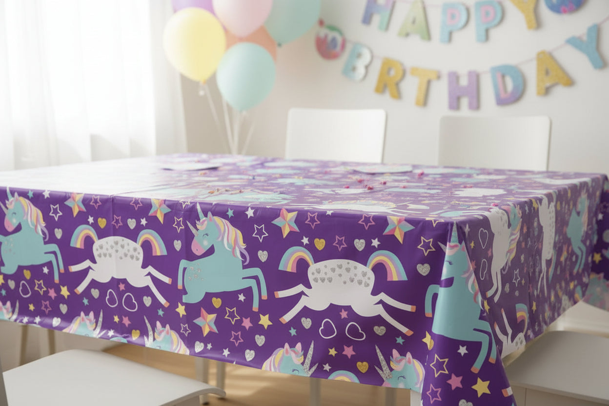 Plastic Table Cover Rectangle Purple Unicorn