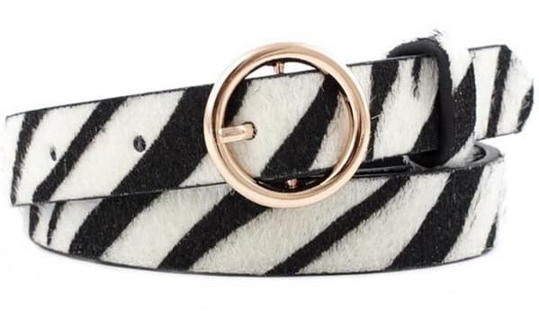 Zebra print belt with a rose gold buckle on a white background, branded 'Party World'.