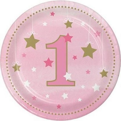 One Little Star Birthday Plates Pink - 8pk