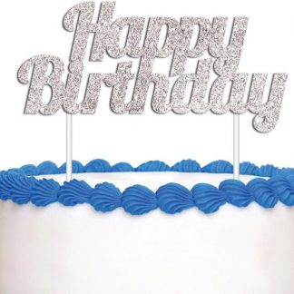 Cake Topper Happy Birthday Silver Glitter